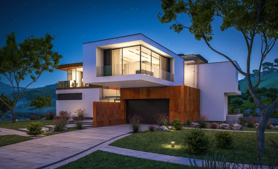 a house with a driveway and a lawn