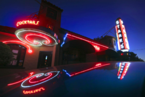 a building with neon lights